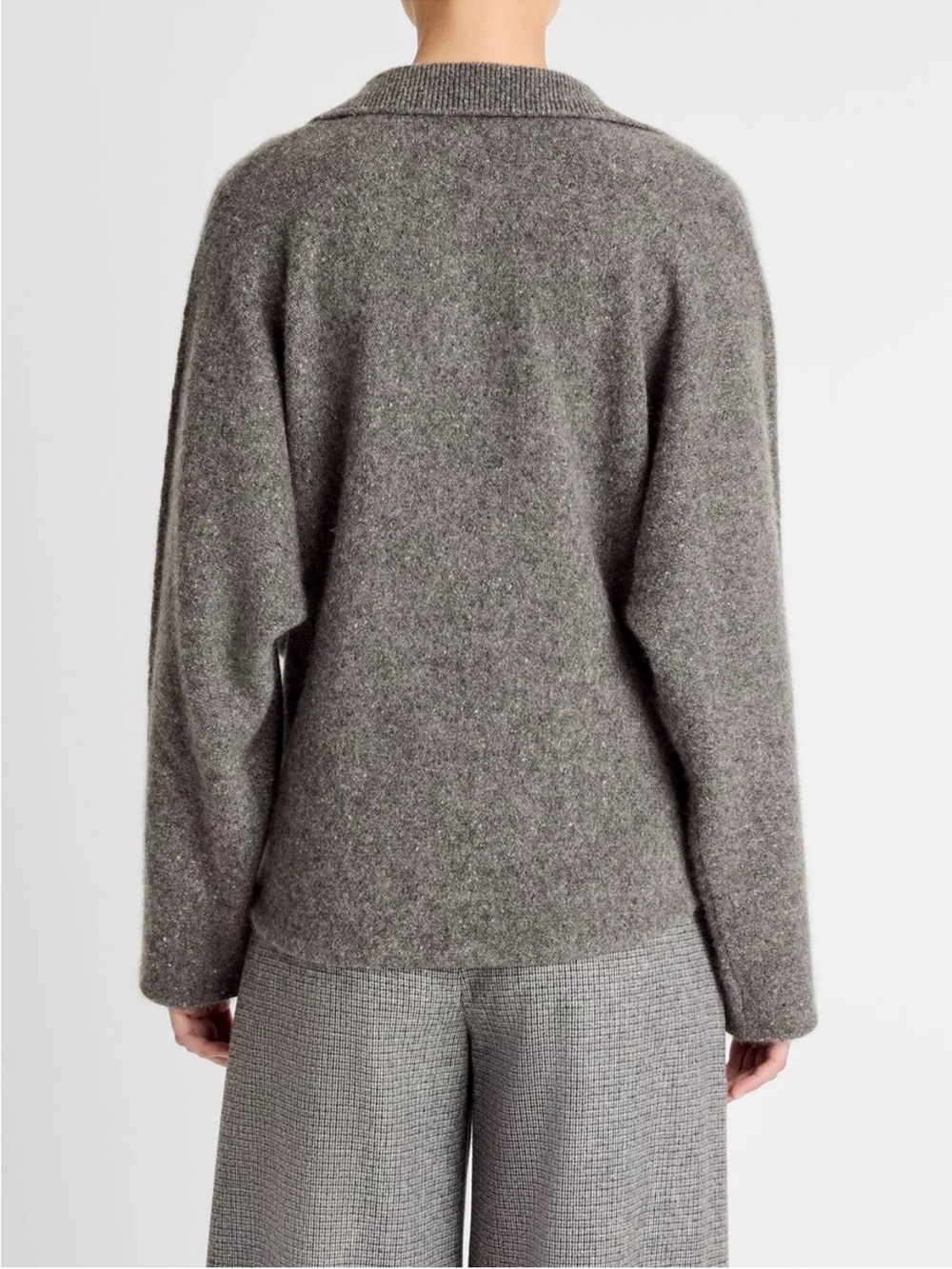 Vince Donegal Plush Cashmere Dolman-Sleeve Polo Sweater in Medium Heather Grey - Picture 2 of 3